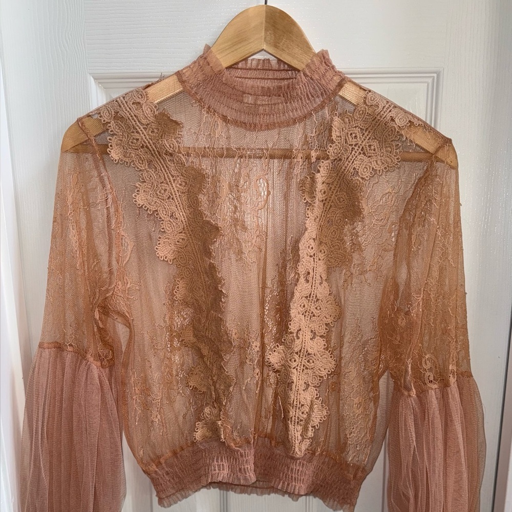 Victorian Romance Croquette Sheer Blouse M Mock Neck Peach Feminine Dainty Sexy